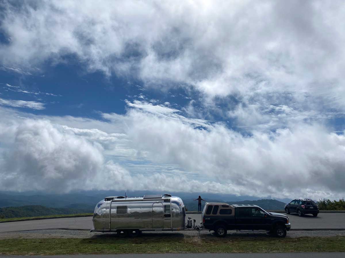 Ford F-250 and vintage Airstream on the Blue Ridge Parkway