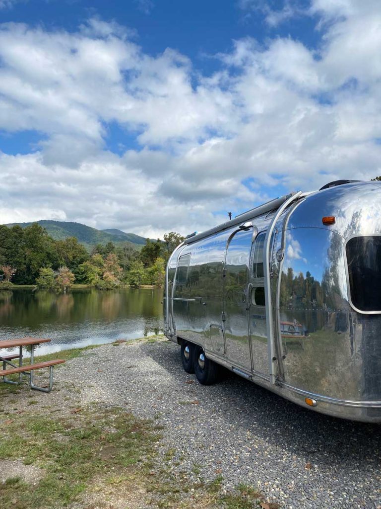 Vintage Airstream near pond