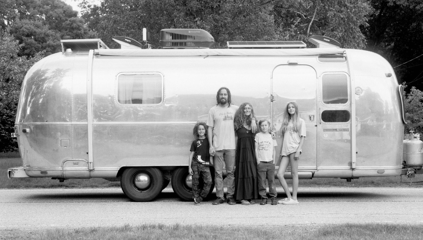 christen family in front of ramona the airstream, our 1973 airstream restoration